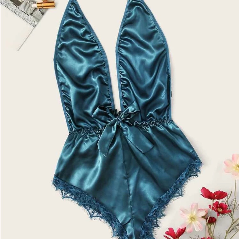 💜3/$25 Lace Trim Satin Romper Bodysuit